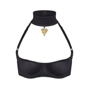 SKIMS Stretch Satin Scoop Bra 44DD Onyx Black Choker Heart Charm BA-SCP-4290